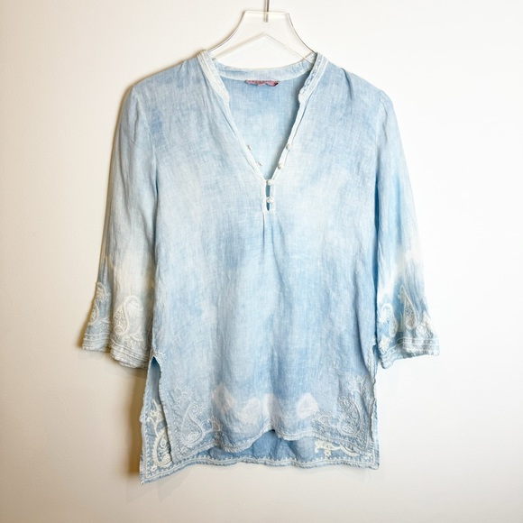 Calypso St. Barth | Hester Blue Linen Embroidered Tunic Top - Picture 1 of 9